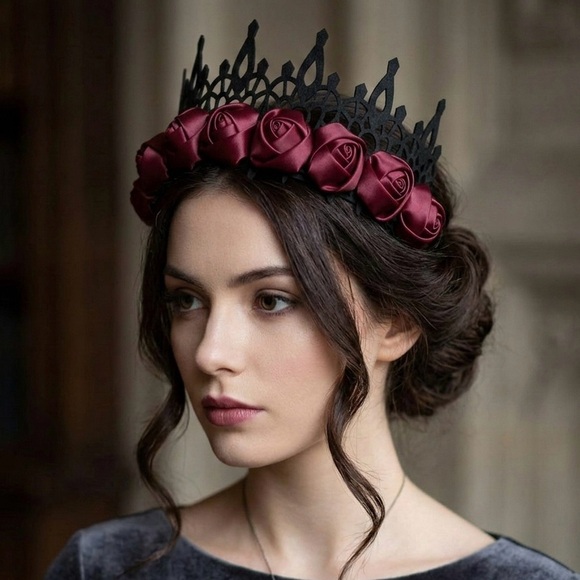 Unlisted Accessories - Midnight Rose Gothic Crown – Ornate Black Lace & Crimson Satin Rose Headband